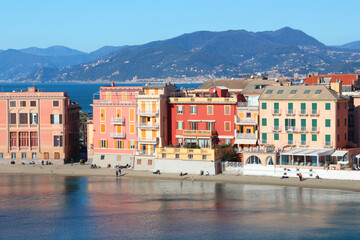 Sestri Levante, Italy - January 17, 2025. View from rock on sea, Bay of Silence, fishing cove of the town of Sestri-Levante, Italy. Tourism and recreation. Ecologically clean nature. Traditional old