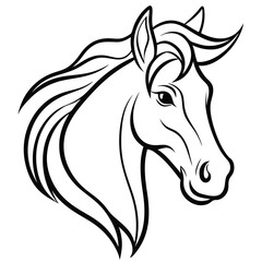A majestic and graceful horse head in minimalist line art, featuring flowing curves and sharp details to represent strength and freedom.