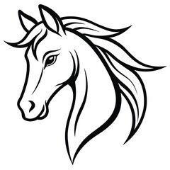 A majestic and graceful horse head in minimalist line art, featuring flowing curves and sharp details to represent strength and freedom.