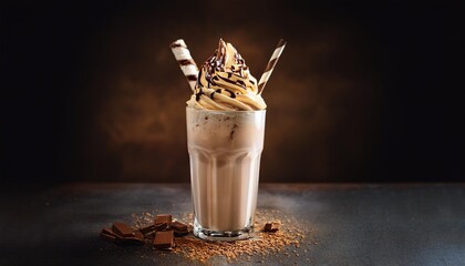 lotus biscoff sundae milkshake with chocolate whipped cream and straw served in glass isolated on darkish history