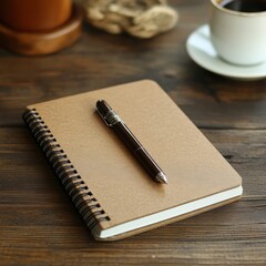 Notepad and pen placed on wooden table next to a cup of coffee in a cozy workspace. Generative AI