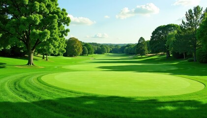 Fototapeta premium Perfectly manicured golf course putting green, rich emerald hue, nature, tranquil