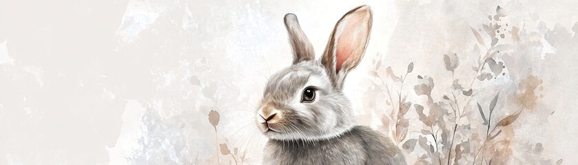 Obraz premium Featuring a gentle rabbit in soft gray and beige hues, this watercolor artwork includes delicate floral patterns inspired by Nordic design, creating an elegant and minimalist aesthetic