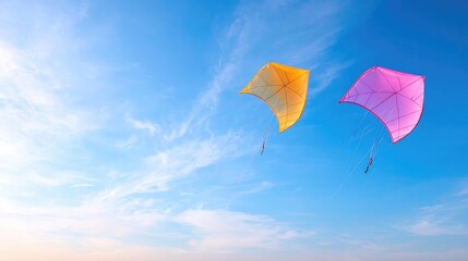 Two kites soar in a vibrant blue sky, clouds drift peacefully in the background, ideal for leisure and travel promotions