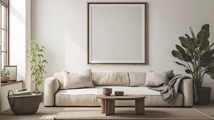 Mockup Poster Frame in Modern Living Room with Scandinavian Style Interior, 3D Render and Illustration