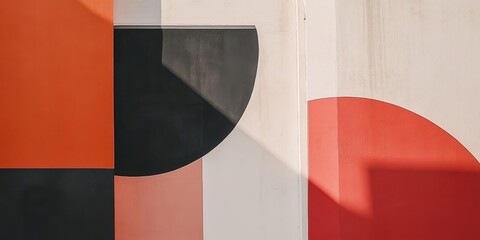 Colorful geometric shapes create a striking mural on a wall, reflecting sunlight during a sunny afternoon in an urban environment, adding artistic flair