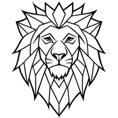 A sleek and majestic lion head drawn in modern line art style, featuring sharp geometric lines and intricate detailing to convey strength and nobility.