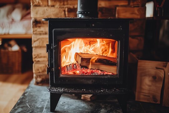 Contemporary wood burner in a home setting, showcasing sustainable heating