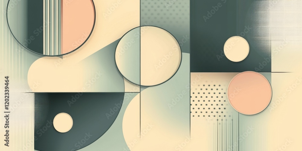 Poster soft colored geometric shapes and patterns blend harmoniously, showcasing circles and rectangles in 