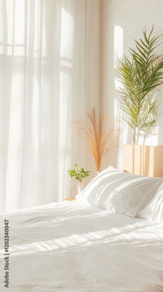 Poster White bedsheets and pillows basking in morning sunlight filtering through sheer curtains, creating a serene and inviting atmosphere in a minimalist bedroom adorned with houseplants