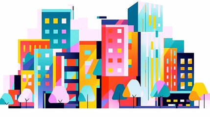 Obraz premium Modern City Illustration with Colorful Geometric Style, Flat Houses and Apartment Buildings on Isolated Background