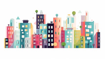 Modern City Illustration with Colorful Geometric Style, Flat Houses and Apartment Buildings on Isolated Background
