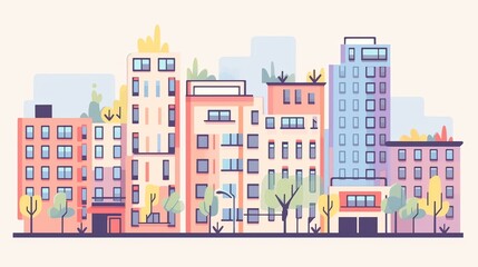 Modern City Illustration with Colorful Geometric Style, Flat Houses and Apartment Buildings on Isolated Background
