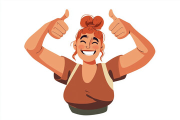Naklejka premium Like sign, joy, approval, happiness concept. Young happy smiling woman or girl teenager cartoon character showing thumbs up. Success and goal achievement facial expression flat vector illustration.