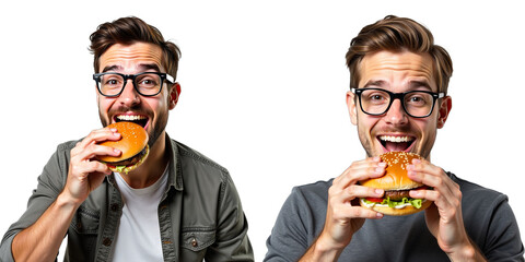Young Man With A Smile Eats A Hamburger While Wearing Glasses, Isolated On A Plain White Background In A Photo. 00001