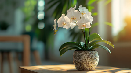 A graceful white orchid in a small decorative pot, placed on a wooden table with soft light streaming in from the window, during a relaxing morning