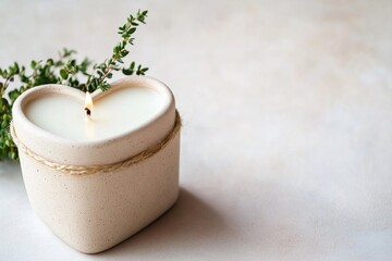 Heart-shaped soy candle in a matte recycled container, adorned with greenery, is showcased on a smooth neutral surface, ideal for eco-conscious home decor and ambiance