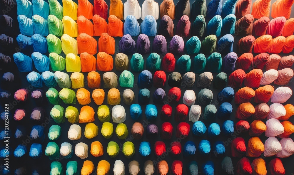 Poster array of colorful rolled cloths displayed with an ordered gradient pattern design
