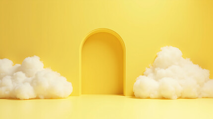 Minimalist Yellow Background With Floating White Clouds and an Archway