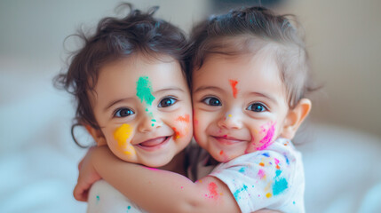 kids hugging each other with painted faces on Holi