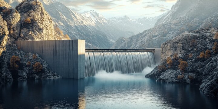 Water tumbles over a dam, creating a stunning waterfall in a serene mountain landscape bathed in warm sunset light and reflecting on calm waters