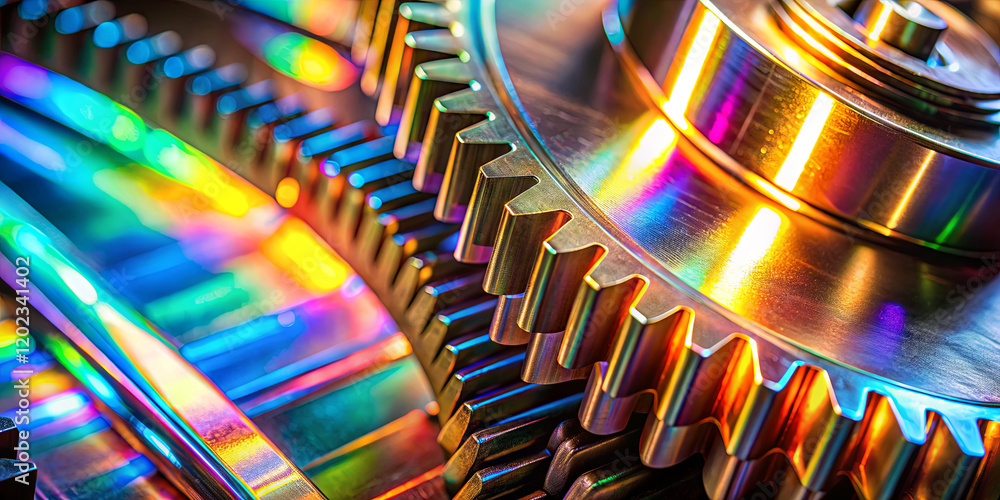 Poster shimmering metallic gears reflect a spectrum of colors as light interacts with their surfaces in a m