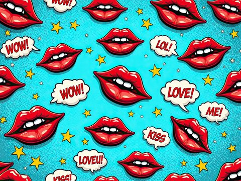 Colorful and lively pop art design featuring bold lips and fun speech bubbles, perfect for adding a retro touch to any project