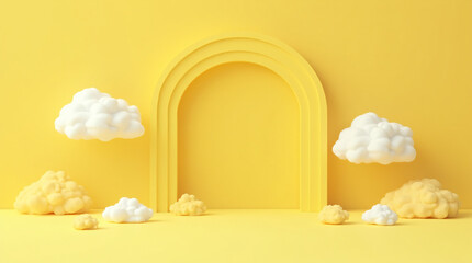 Minimalist Yellow Background With Floating White Clouds and an Archway