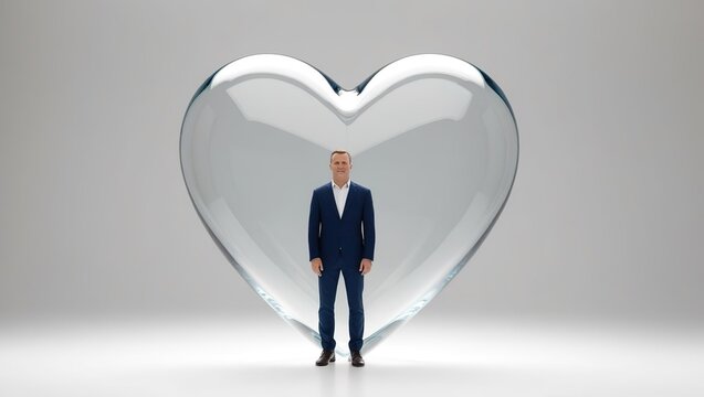 A man stands against the background of a glass transparent heart, Valentine's day