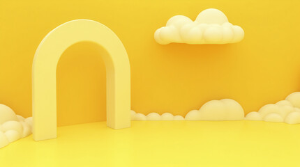 Minimalist Yellow Background With Floating White Clouds and an Archway