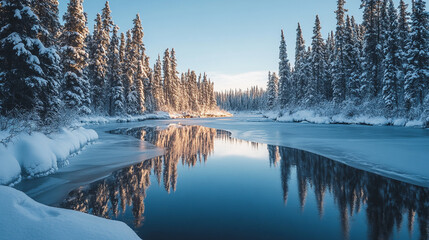 Winter landscape with snowy trees reflecting in a calm river at sunrise