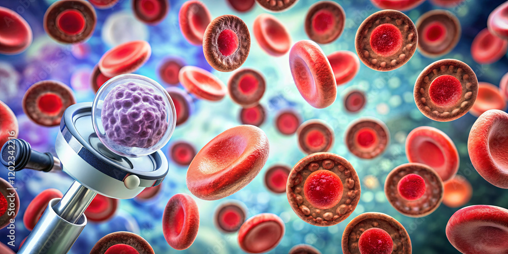 Poster a colorful 3d rendering showcases red blood cells swirling around a microscope. the vibrant backgrou