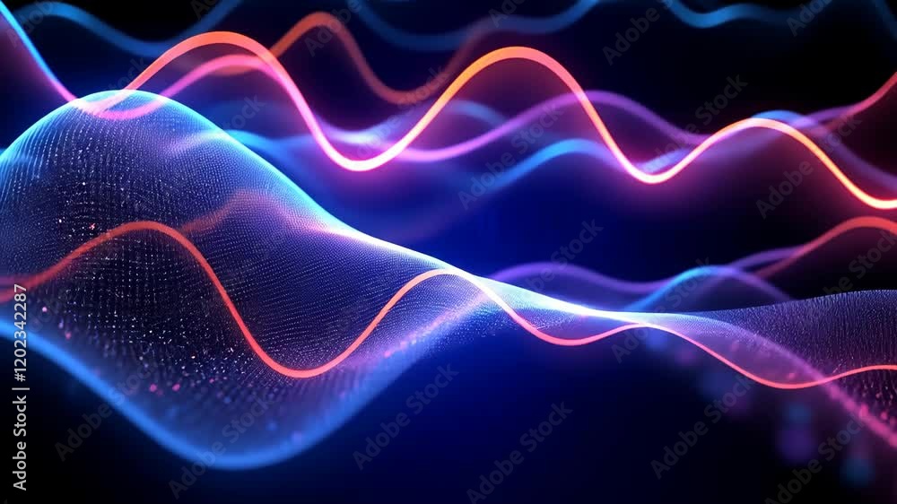 Poster dynamic neon waves animation with glowing pink and blue light curves. abstract digital particle back