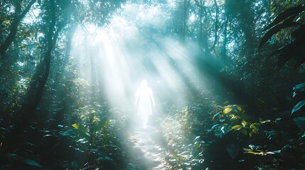 Ethereal spirit radiating a soft light in a dense shadowy forest