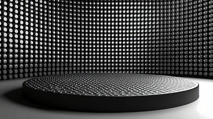 Circular platform in a modern, metallic, dotted room.