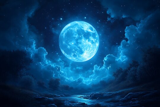 Serene Nightscape Underneath a Blue Moonlit Sky