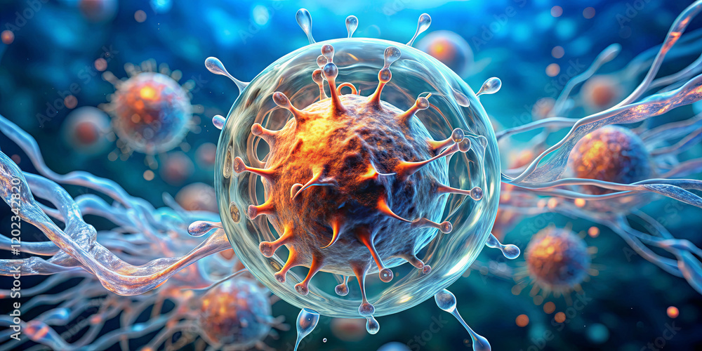 Poster a detailed depiction of virus cells engaging with healthy cells in a laboratory environment showcase