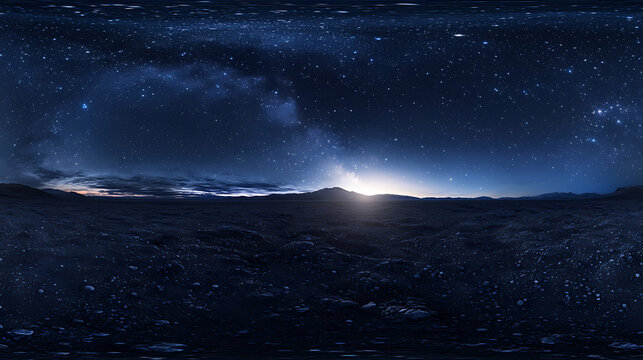 degree panoramic view of a starry night sky with equirectangular projection, hdri, background, space, stars, panorama. Celestial Starry Night. Illustration