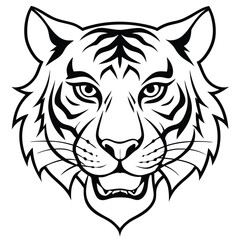 Fototapeta premium A fierce and majestic tiger head drawn in minimalist line art style, highlighting sharp angles and intense eyes to represent power and courage.