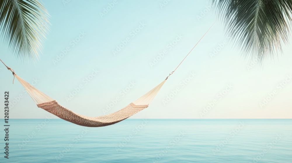 Aufkleber empty hammock hanging between two palm trees on a tropical beach overlooking a beautiful tranquil oc