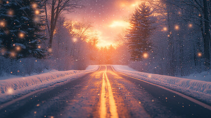 Fototapeta premium Serene winter road leading into a vibrant sunset sky with snow-covered trees