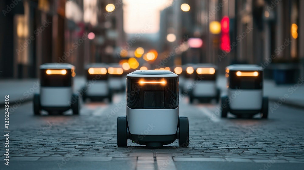Aufkleber a futuristic street scene featuring multiple delivery robots navigating a cobblestone road at dusk, 