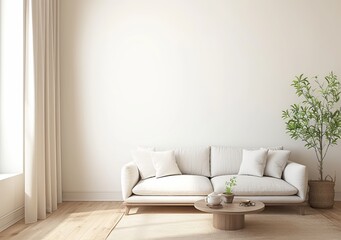 White Sofa in Front of Empty Wall Mockup, Natural Light Streaming from Two Windows, Wooden Coffee Table and Plant, Cozy and Modern Living Room Scene