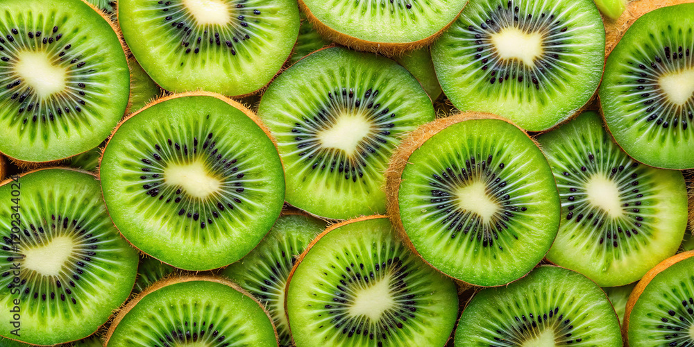 Poster bright green kiwi slices are neatly arranged, highlighting their striking color and intricate patter