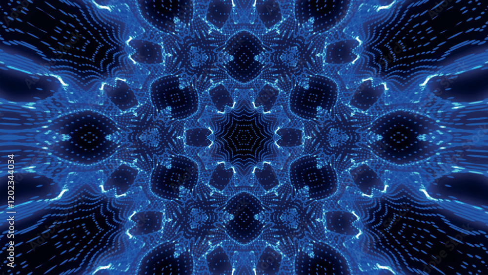 Poster seamless pattern with symmetrical design in blue tones. abstract kaleidoscopic geometric pattern. hy