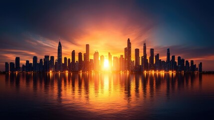 Cityscape sunset, waterfront reflection, vibrant colors, urban development, ideal for travel or real estate