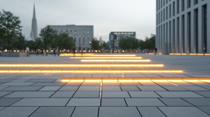 Obraz premium A serene urban scene featuring illuminated pathways and modern architecture under a cloudy sky, creating a tranquil atmosphere.