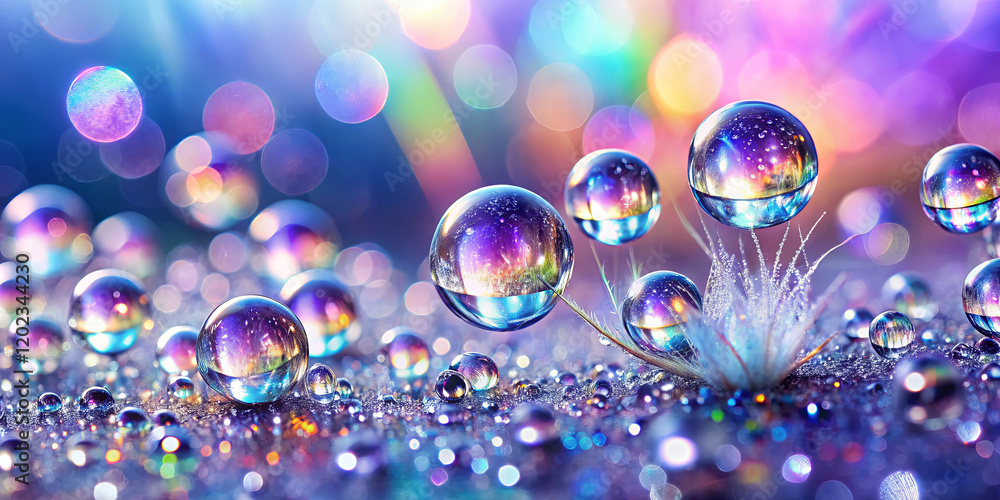 Poster droplets in various sizes rest on a soft surface, capturing lively colors in their reflections. the 