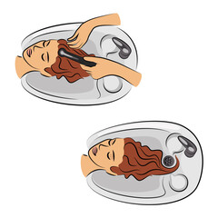 Collection of beautiful lady profile. Girl in beauty salon. Woman washes hair with water at hair salon car wash. Vector illustrations set.