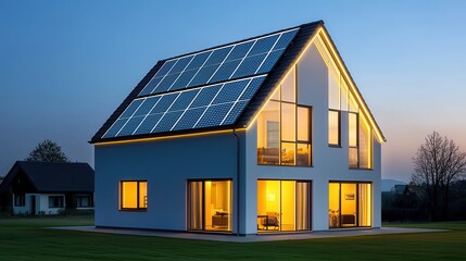 Obraz premium A modern house with solar panels and warm lights, set against a twilight sky, emphasizing eco-friendly design and contemporary architecture.